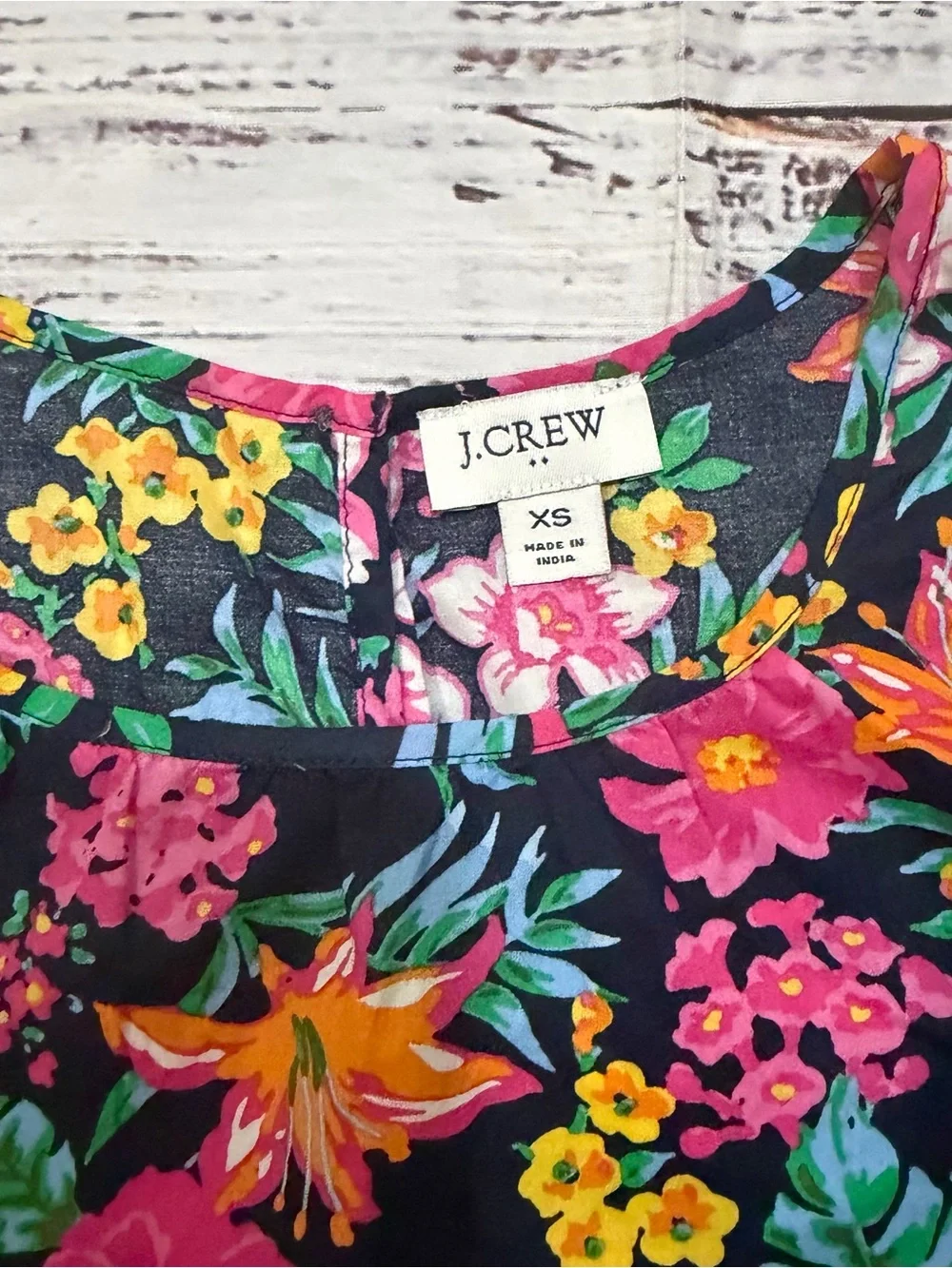 J. Crew Floral Short Sleeve Top - Navy with Pink & Yellow Blooms extra small